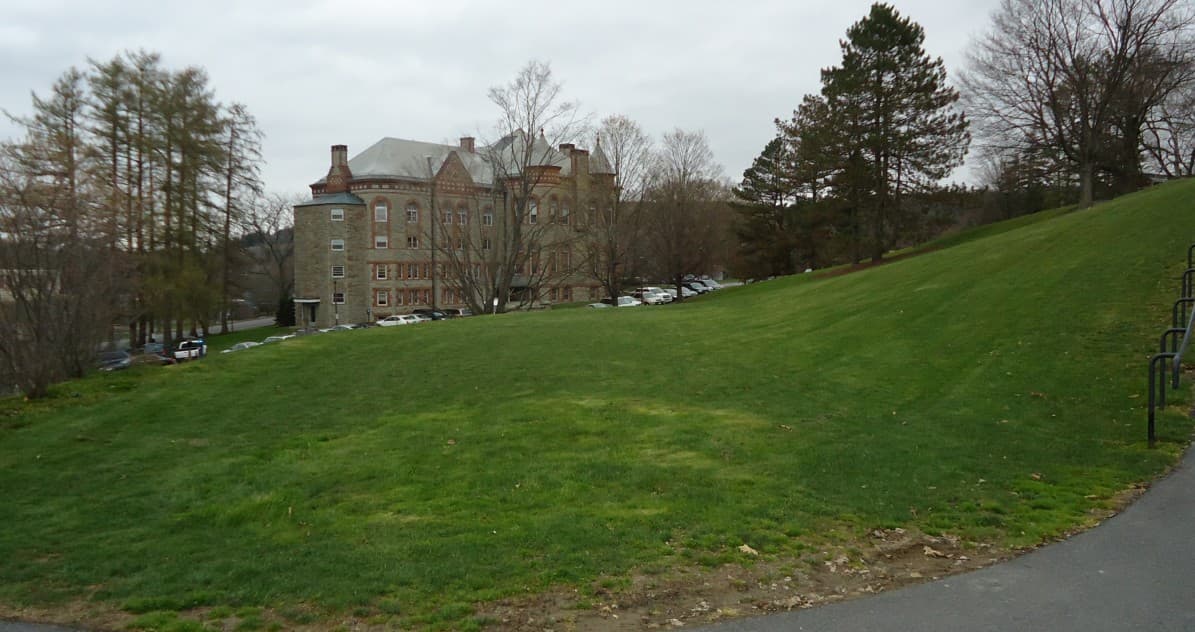 A grassy hillside rising toward a stone Colgate building among bare trees and evergreens in early spring