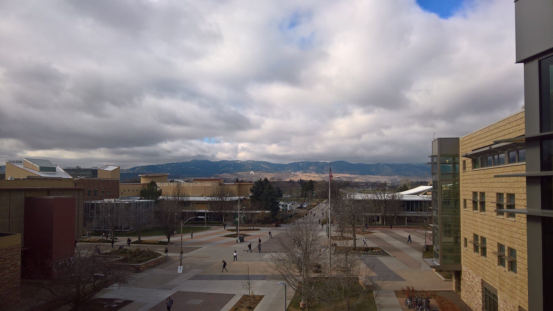 The central plaza at Colorado State University seen from above, with campus buildings around it