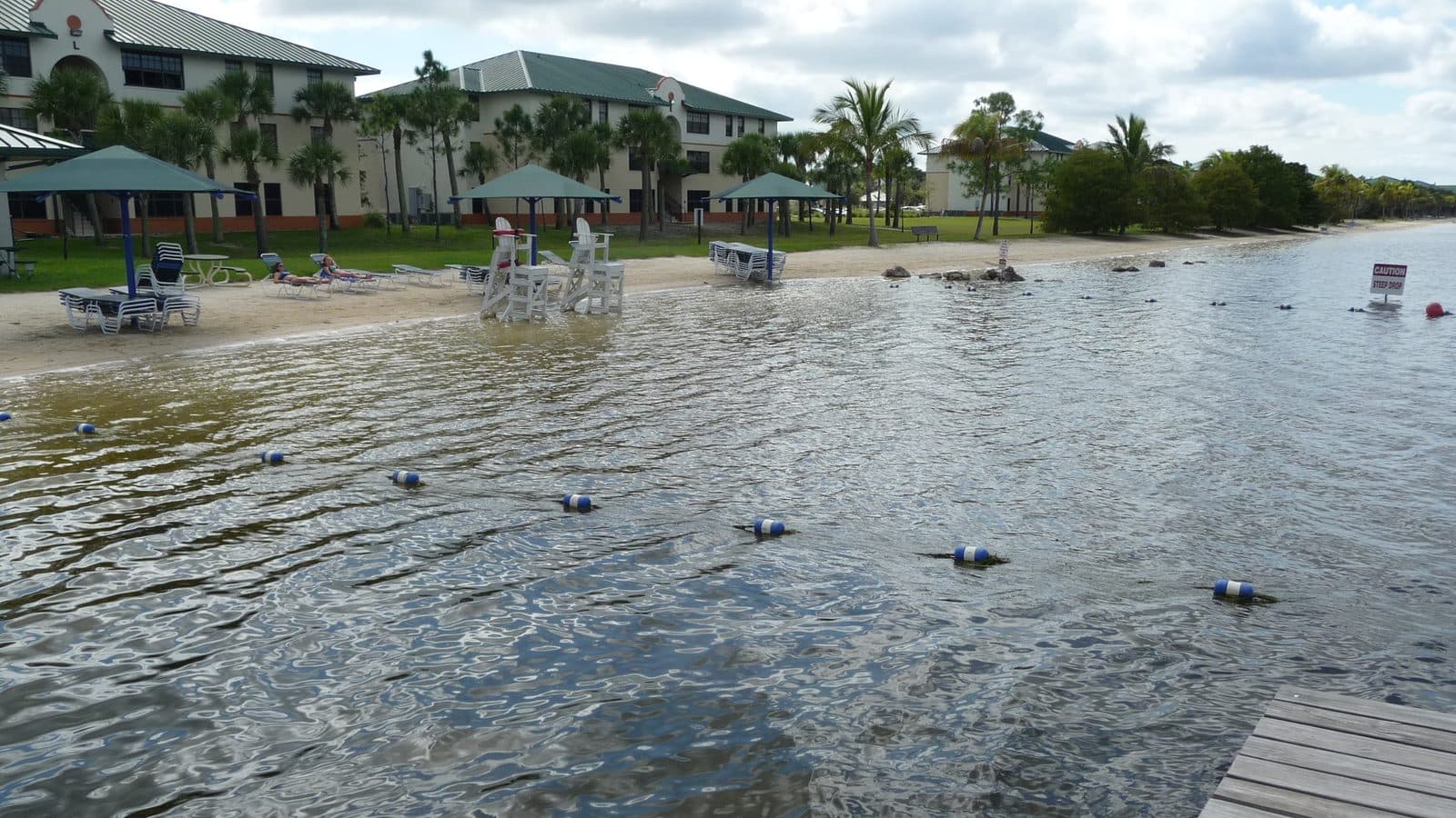 A sandy lakeside beach with lounge chairs, lifeguard stands and green shade umbrellas in front of three-story residence halls with green roofs and palm trees, with buoys floating in the lake and a wooden dock in the foreground
