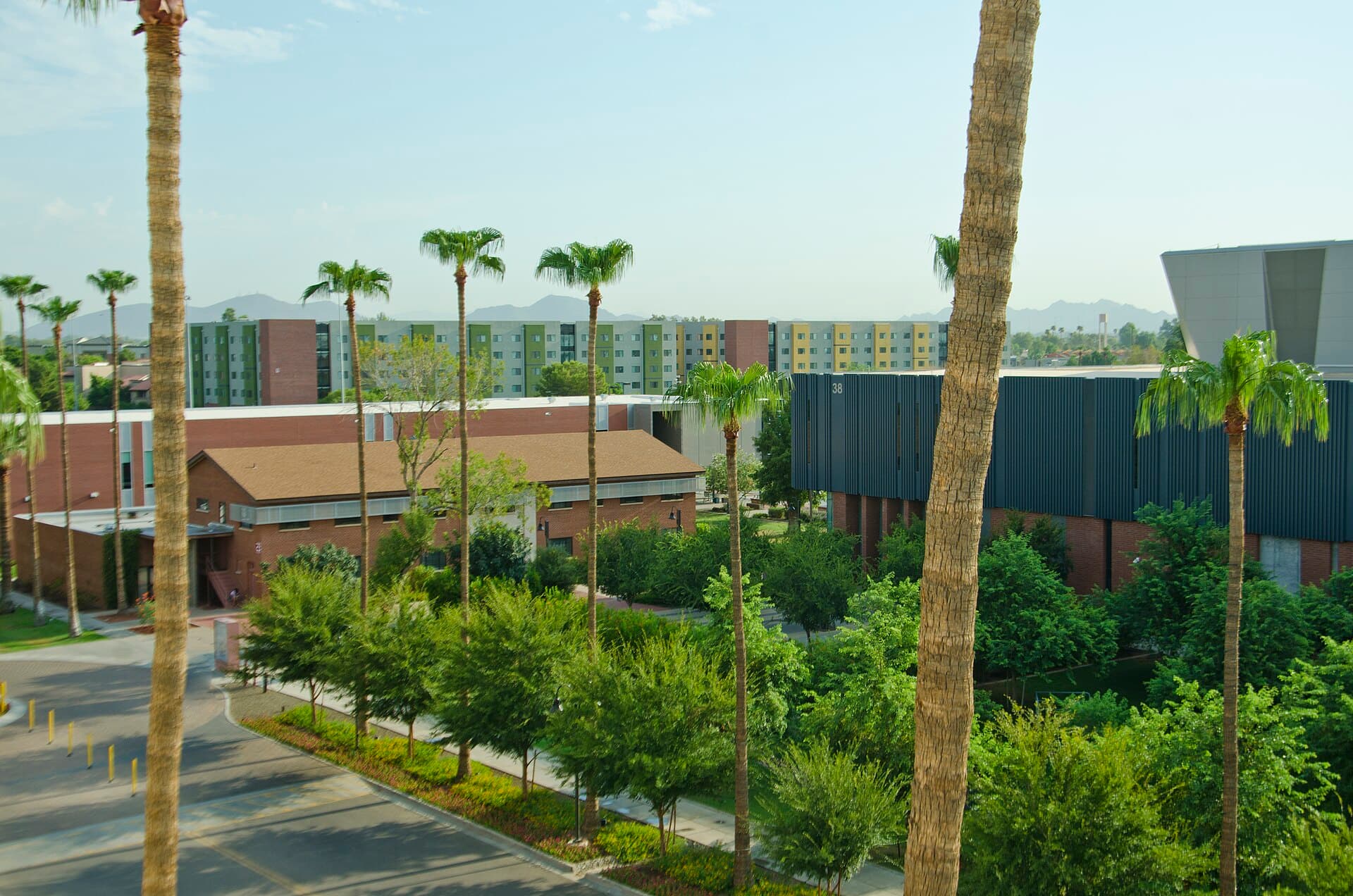 A view over Grand Canyon University's Phoenix campus from above: tall palm trees and green shrubs in front of brick buildings, colorful residence halls and desert mountains in the distance