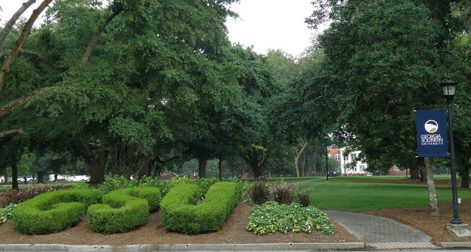 Hedges trimmed into the letters GSU in a mulched flower bed in front of a lawn shaded by large live oaks, with a Georgia Southern University banner on a lamppost and a red-brick building in the distance