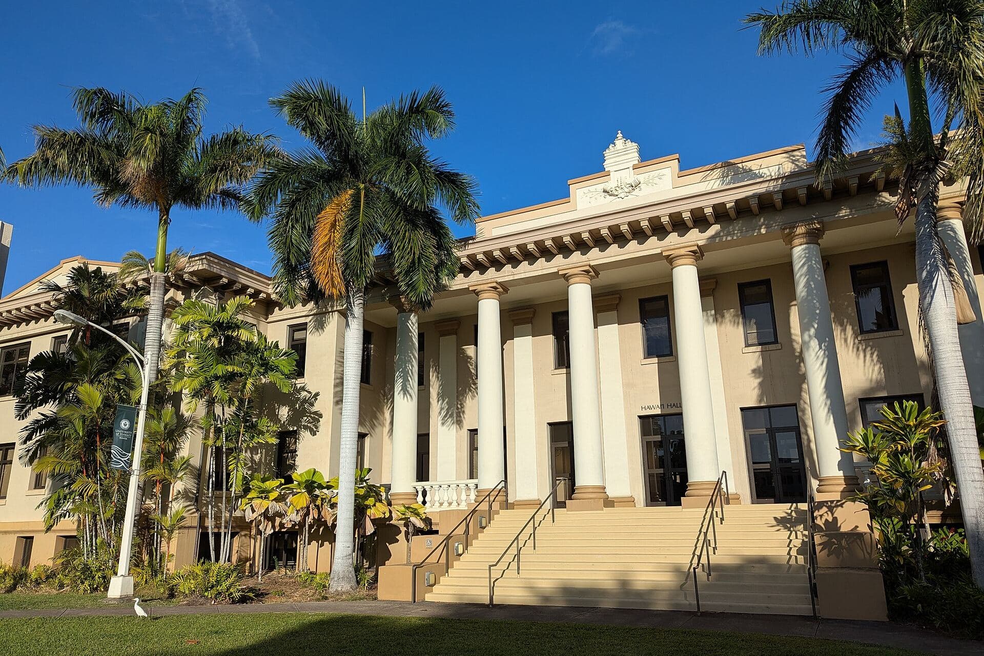 A cream-colored neoclassical building with a row of tall columns across its front, a wide flight of stone steps leading up to it, and palm trees on either side, under a bright blue sky