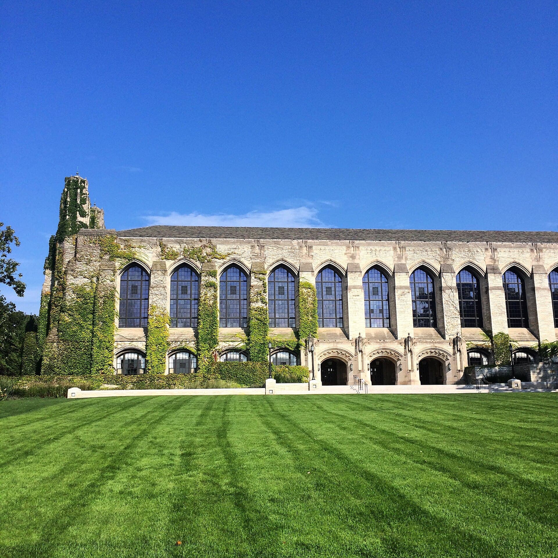 Deering Library's long stone Gothic facade with tall arched windows and ivy, behind a freshly striped lawn under a blue sky