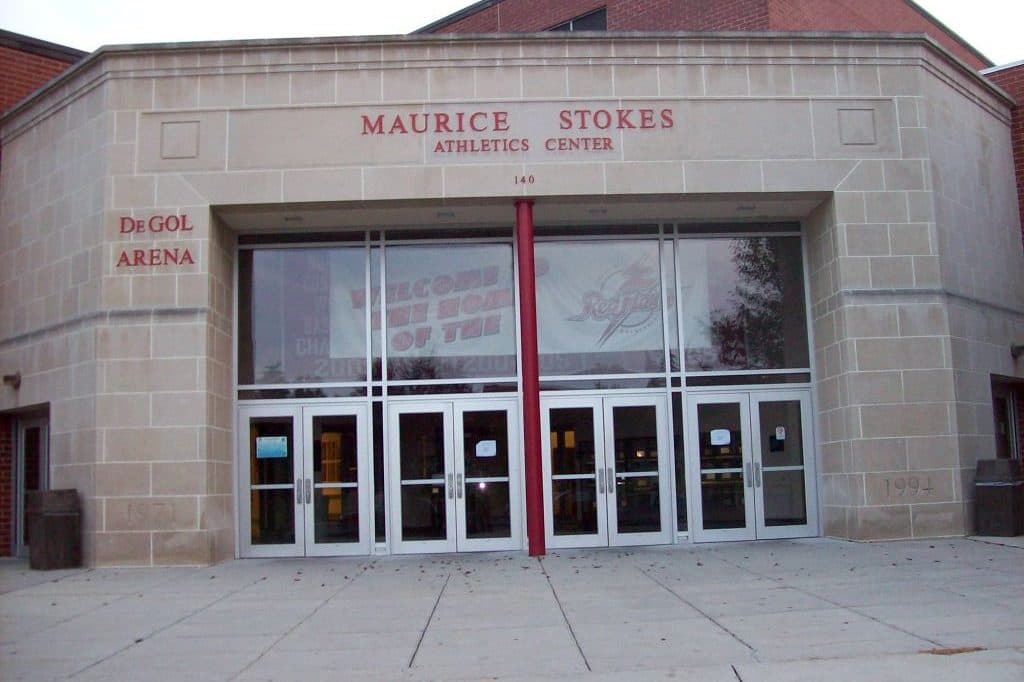 The entrance of the Maurice Stokes Athletics Center, home of DeGol Arena, at Saint Francis University in Loretto