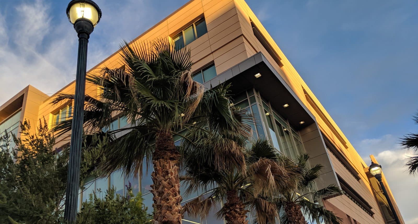 The tan, glass-fronted Holland Centennial Commons lit by evening sun behind a row of palm trees and a lamppost at Utah Tech University