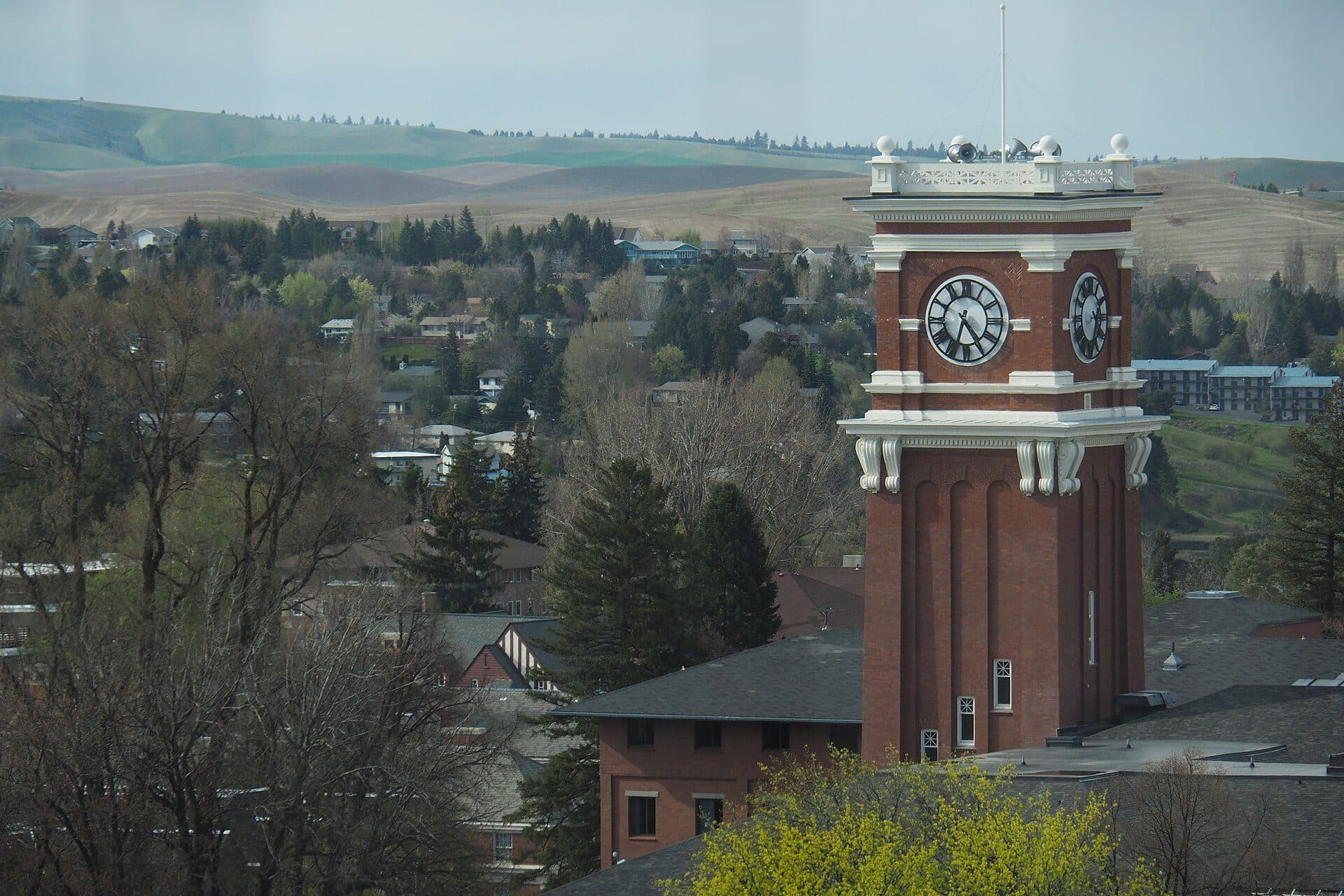 WSU's red-brick Bryan Hall clock tower with white trim, with Pullman's rooftops and the rolling Palouse hills behind it