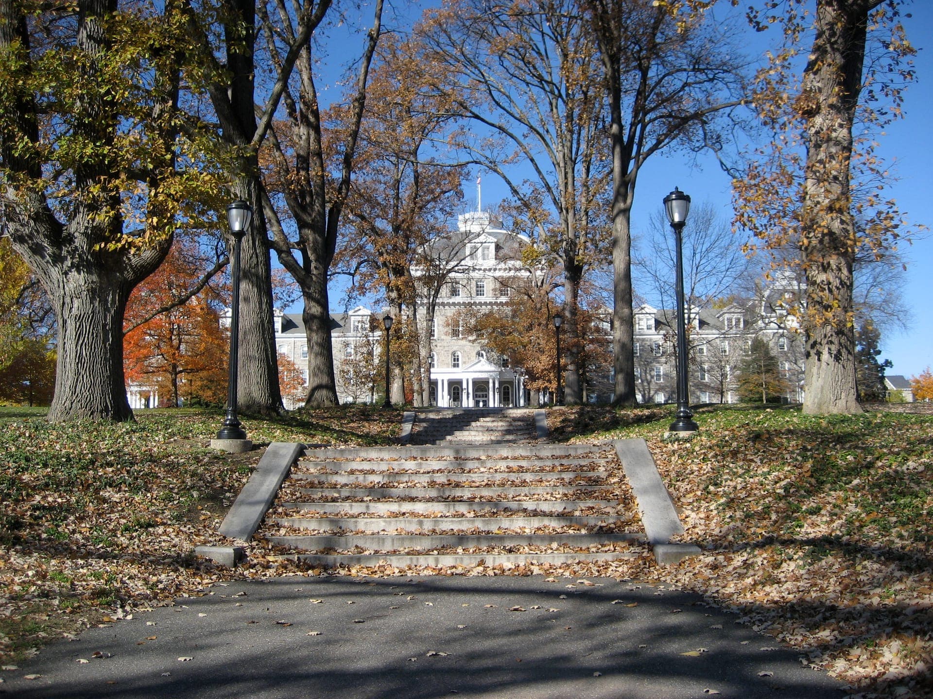A tree-lined path and wide stone steps leading up to Parrish Hall at Swarthmore, with autumn leaves on the lawn