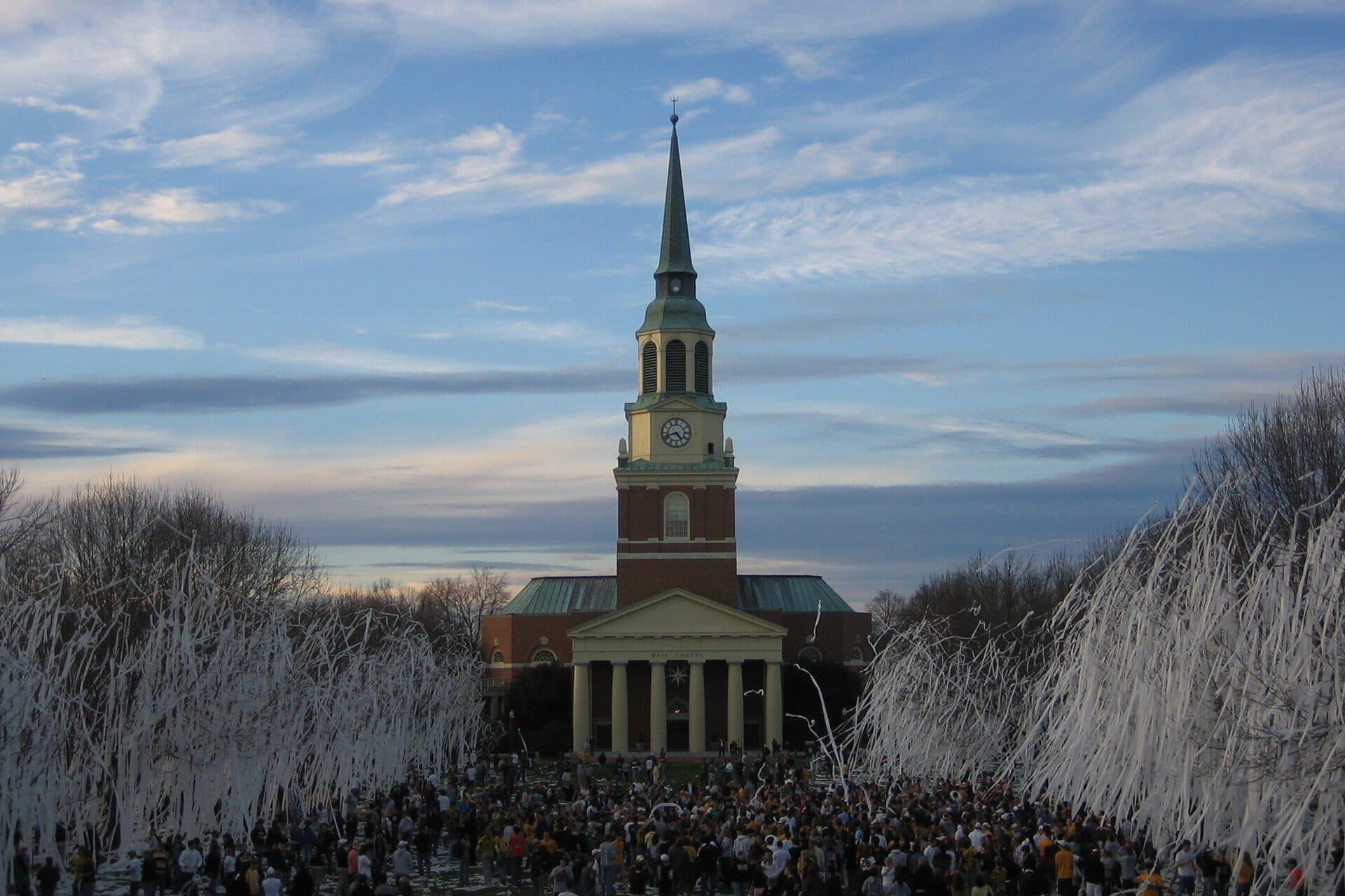 Wait Chapel's white steeple above Hearn Plaza, its trees draped in toilet paper after a Wake Forest win